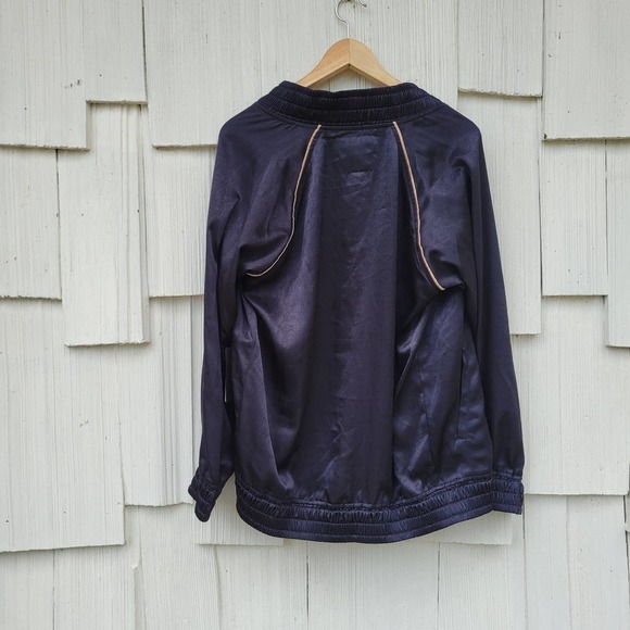Koral Womens XS Navy Satin Bomber Jacket‎ Zip Up Athletic Track Style - Picture 8 of 10
